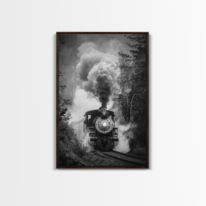 Steam Locomotive in the Forest Black and White Photography - Framed Canvas Print, Railroad Art, Vintage Train Wall Art for Home