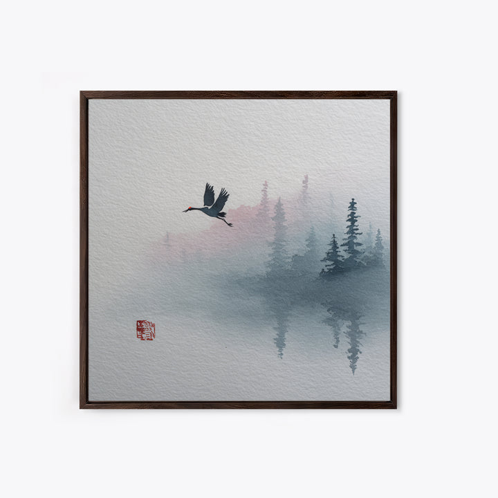 Monochrome Ink Crane Composition Framed Canvas Print, Wall Art, Abstract Art, Living Room Decor, Watercolor Art, WAL-1x1-24