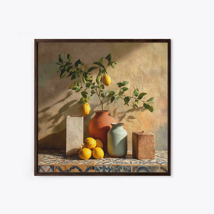 Mediterranean Lemon Branch Still Life Framed Canvas Print, Wall Art, Prints Wall Art, Living Room Decor, Oil Painting, WAL-1x1-46