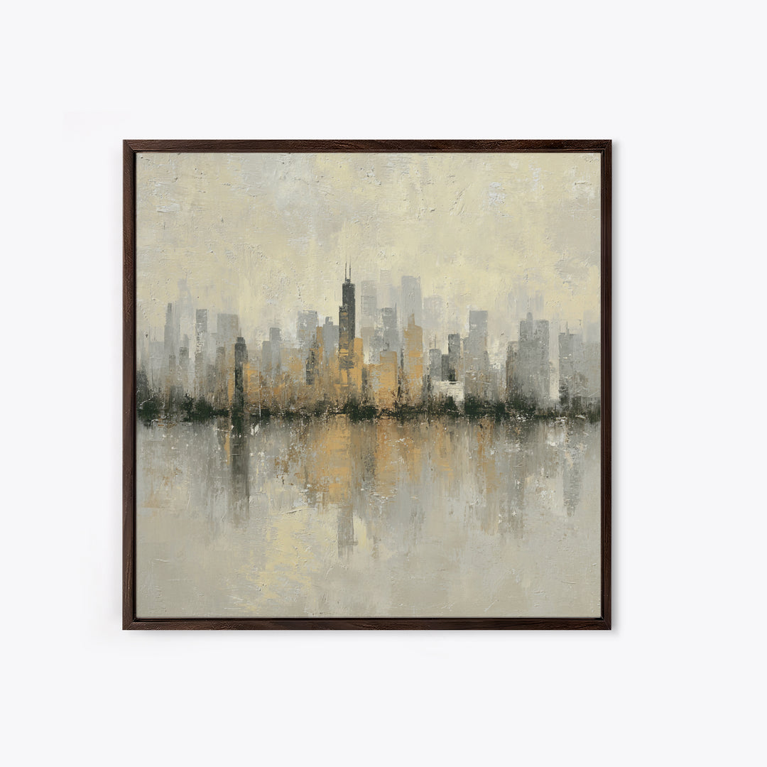 Urban Skyline in Muted Evening Color Framed Canvas Print, Wall Art, Wood Wall Art, Living Room Decor, Fine Art, WAL-1x1-66