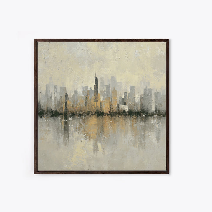 Urban Skyline in Muted Evening Color Framed Canvas Print, Wall Art, Wood Wall Art, Living Room Decor, Fine Art, WAL-1x1-66