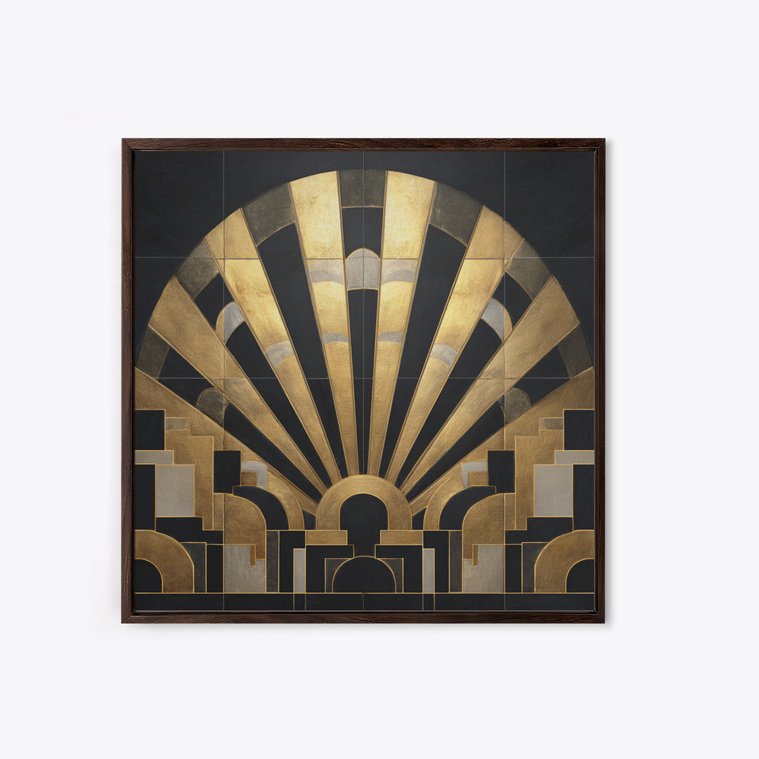 Art Deco Gold Fan Pattern Framed Canvas Print, Wall Art, Canvas Wall Art, Living Room Decor, Fine Art, Statement Artwork, WAL-1x1-68