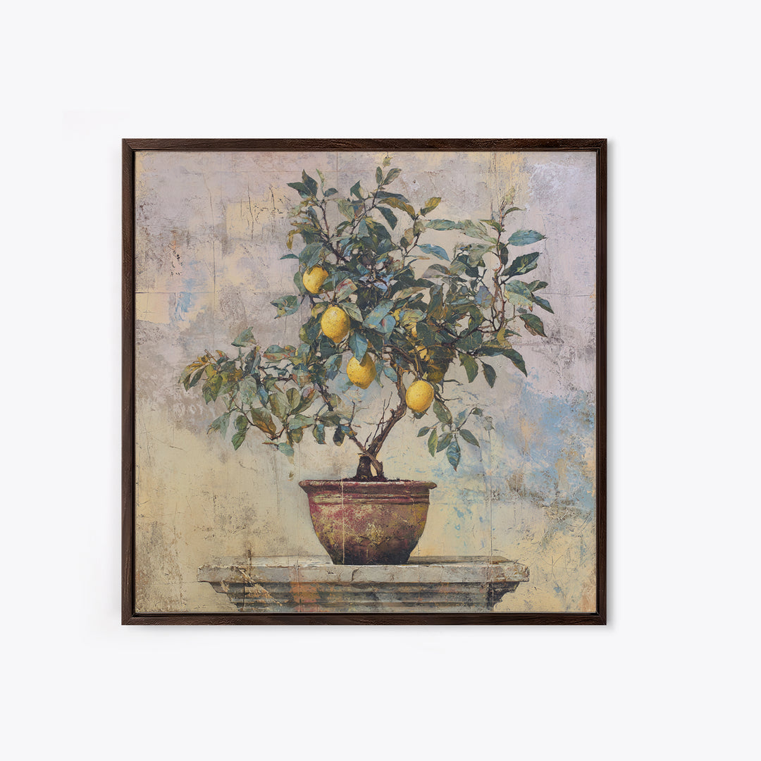 Mediterranean Lemon Branch Still Life Framed Canvas Print, Wall Art, Prints Wall Art, Living Room Decor, Oil Painting, WAL-1x1-70