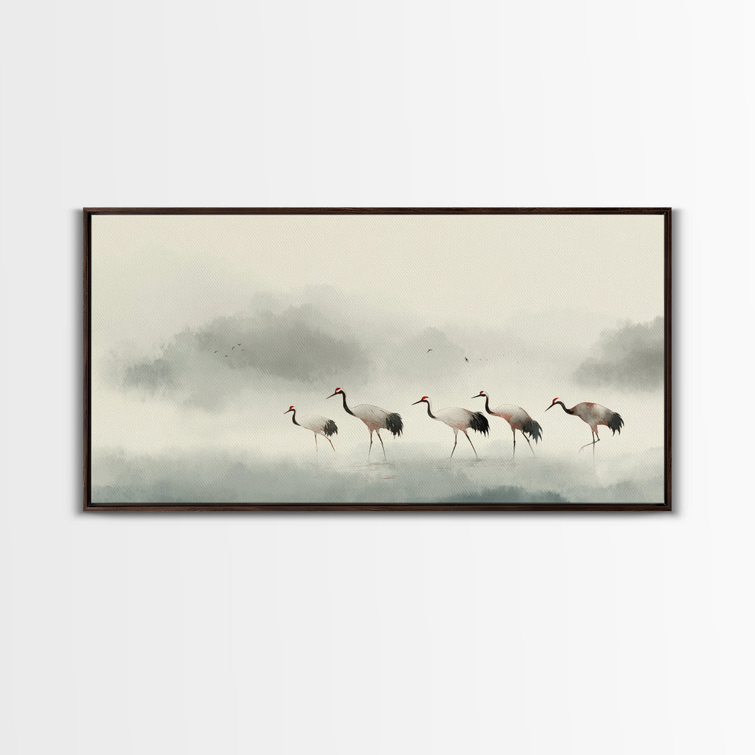 Monochrome Ink Crane Composition Framed Canvas Print, Wall Art, Statement Artwork, Living Room Decor, Fine Art, WAL-2x1-20