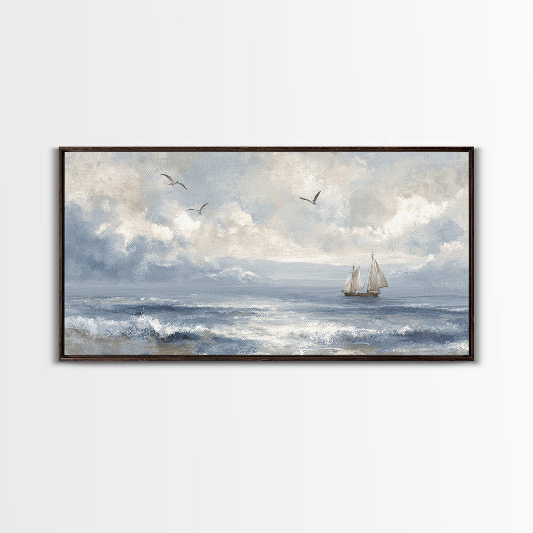 Classic Seascape with Dramatic Clouds Framed Canvas Print, Wall Art, Wall Hangings, Living Room Decor, Watercolor Art, WAL-2x1-23