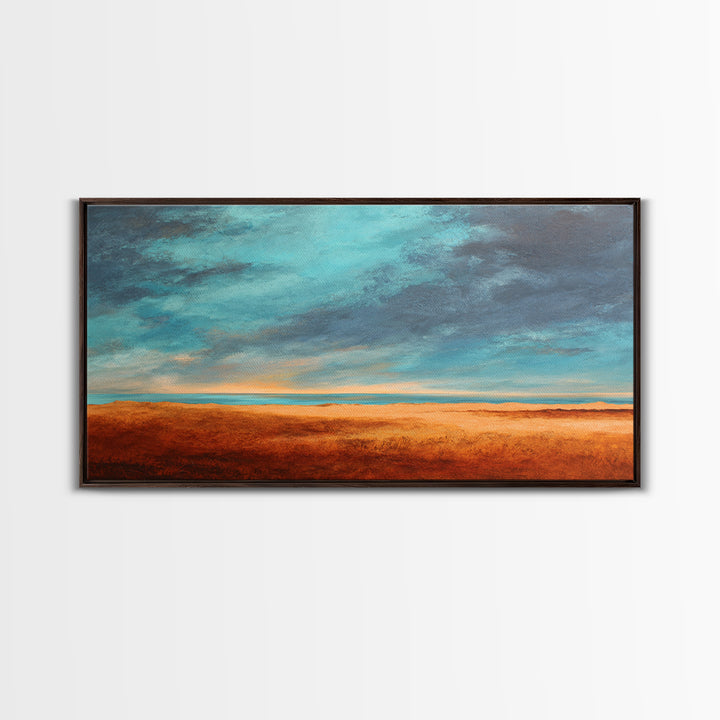 Desert Landscape in Warm Terracotta Tones Framed Canvas Print, Wall Art, Metal Wall Art, Living Room Decor, Oil Painting, WAL-2x1-3