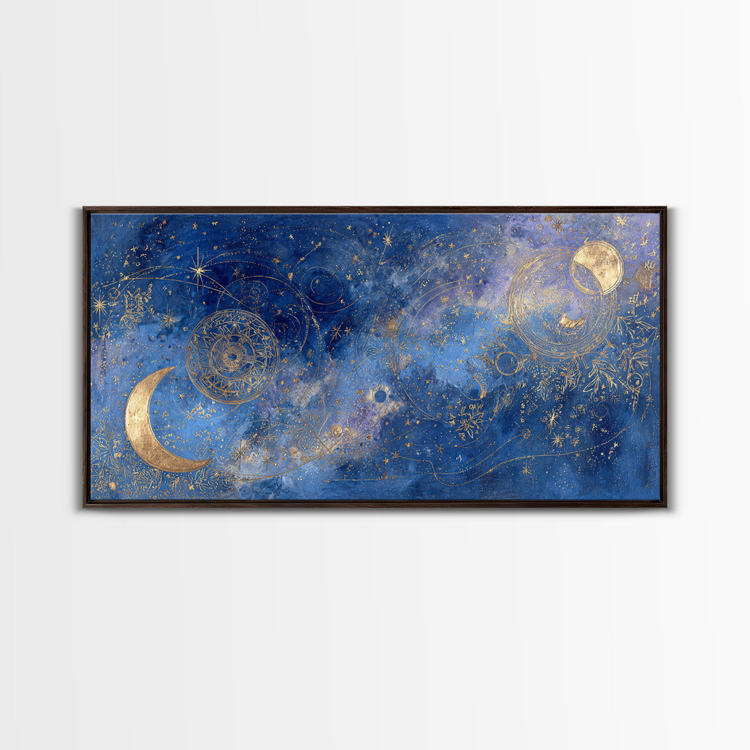 Celestial Moon and Stars Artwork Framed Canvas Print, Wall Art, Contemporary Art, Living Room Decor, Fine Art, WAL-2x1-34