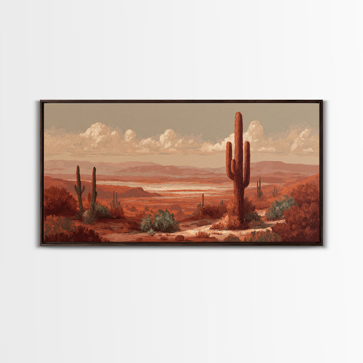 Desert Landscape in Warm Terracotta Tones Framed Canvas Print, Wall Art, Wall Clock, Living Room Decor, Watercolor Art, WAL-2x1-51