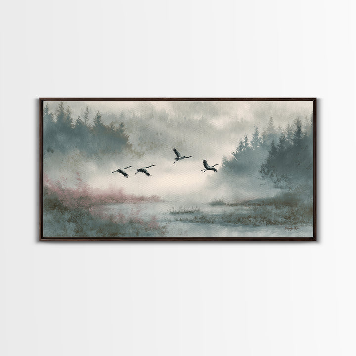 Monochrome Ink Crane Composition Canvas Print, Wall Art, Wall Hangings, Living Room Decor, Watercolor Art, Framed Wall Art, WAL-2x1-68