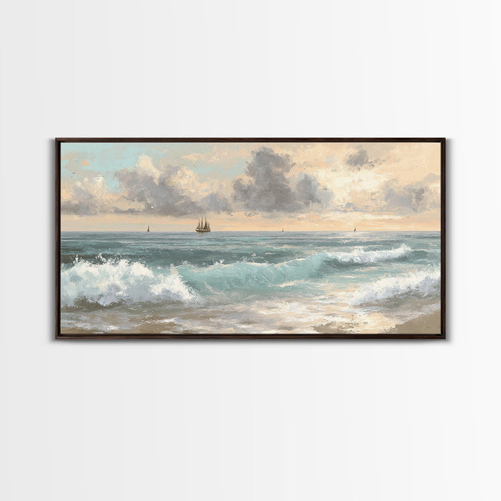 Classic Seascape with Dramatic Clouds Canvas Print, Wall Art, Wood Wall Art, Living Room Decor, Abstract Art, WAL-2x1-71