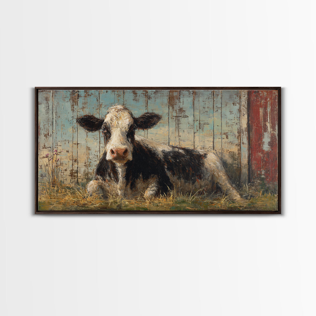 Rustic Farmhouse Cow Portrait Framed Canvas Print, Wall Art, Textured Wall Art, Living Room Decor, Oil Painting, WAL-2x1-87