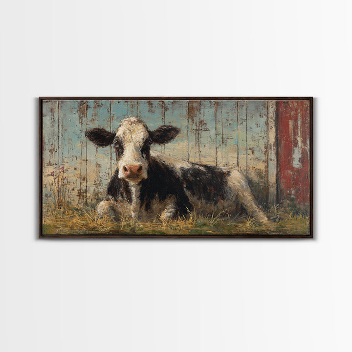 Rustic Farmhouse Cow Portrait Framed Canvas Print, Wall Art, Textured Wall Art, Living Room Decor, Oil Painting, WAL-2x1-87