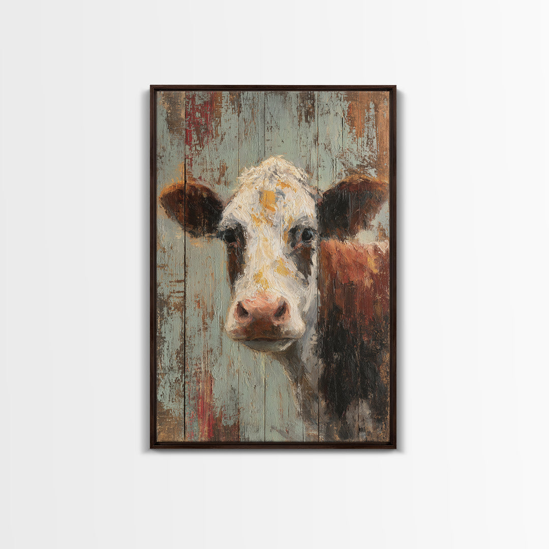 Rustic Farmhouse Cow Portrait Framed Canvas Print, Wall Art, Room Decor, Living Room Decor, Oil Painting, Printable Wall Art, WAL-2x3-3