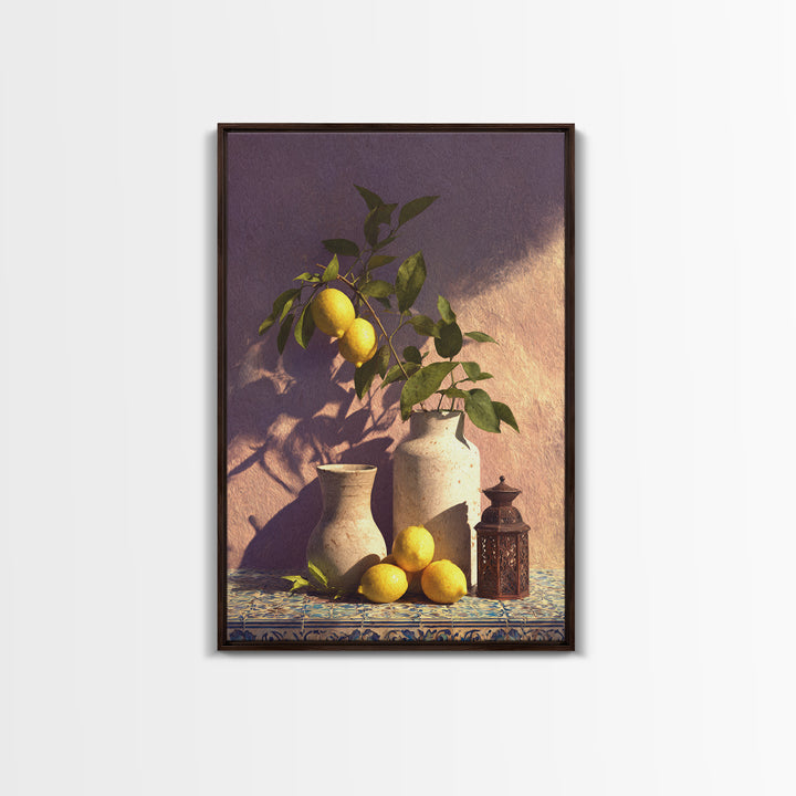 Mediterranean Lemon Branch Still Life Framed Canvas Print, Wall Art, Minimalist Decor, Living Room Decor, Oil Painting, WAL-2x3-30