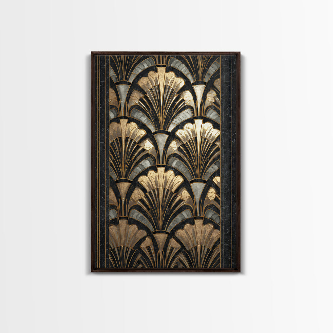 Art Deco Gold Fan Pattern Framed Canvas Print, Wall Art, Contemporary Art, Living Room Decor, Fine Art, Mid Century Modern, WAL-2x3-4