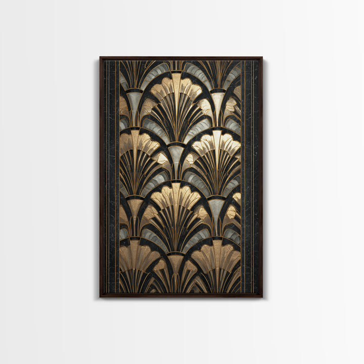Art Deco Gold Fan Pattern Framed Canvas Print, Wall Art, Contemporary Art, Living Room Decor, Fine Art, Mid Century Modern, WAL-2x3-4
