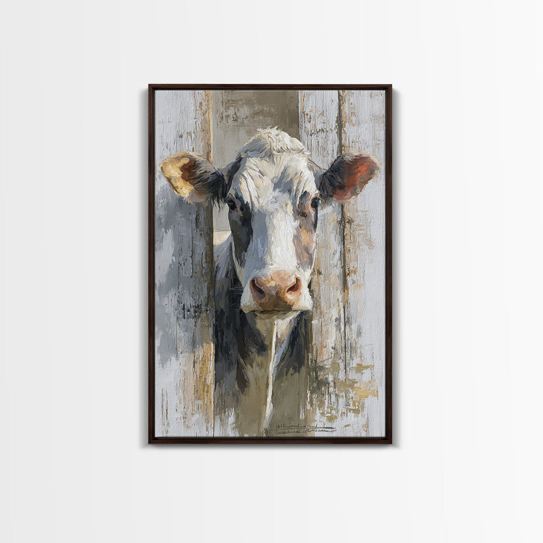 Rustic Farmhouse Cow Portrait Framed Canvas Print, Wall Art, Heart, Living Room Decor, Fine Art, Home Decor Gift, WAL-2x3-51