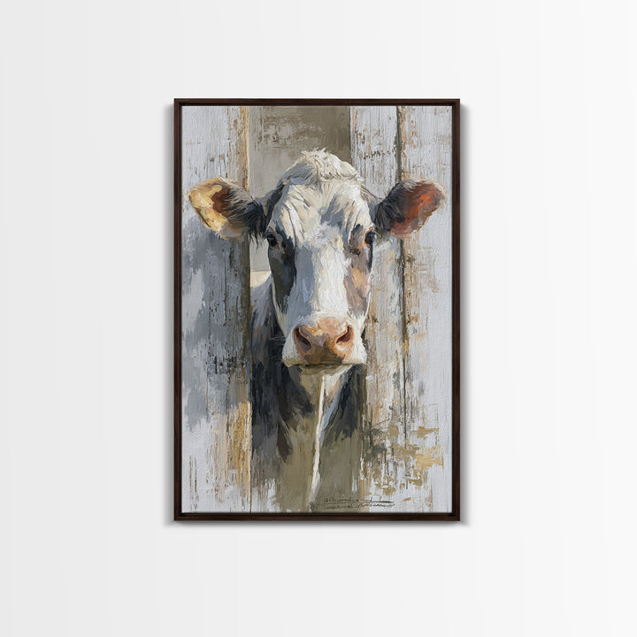 Rustic Farmhouse Cow Portrait Framed Canvas Print, Wall Art, Heart, Living Room Decor, Fine Art, Home Decor Gift, WAL-2x3-51