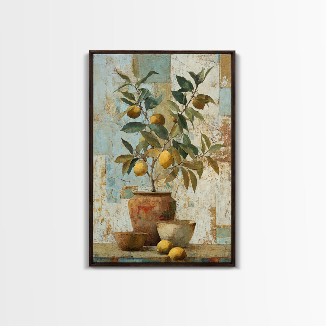 Mediterranean Lemon Branch Still Life Framed Canvas Print, Wall Art, Minimalist Decor, Living Room Decor, Oil Painting, WAL-2x3-6