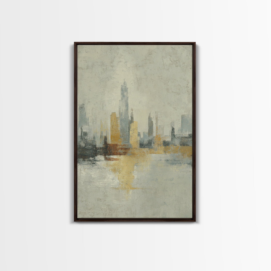 Urban Skyline in Muted Evening Color Framed Canvas Print, Wall Art, Wall Hangings, Living Room Decor, Abstract Art, WAL-2x3-74