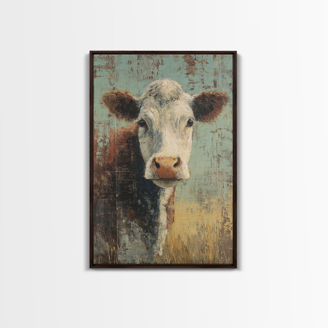 Rustic Farmhouse Cow Portrait Framed Canvas Print, Wall Art, Wall Hanging, Living Room Decor, Fine Art, Gallery Decor, WAL-2x3-75