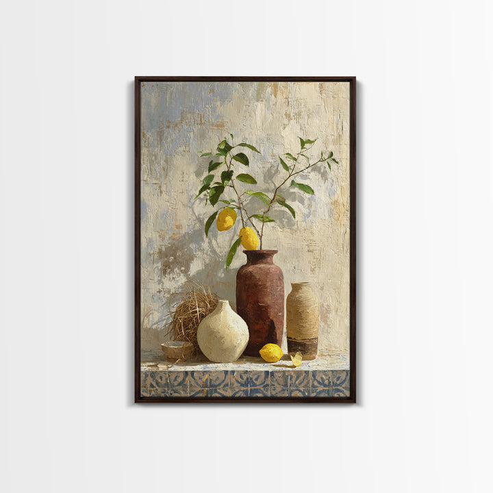 Mediterranean Lemon Branch Still Life Framed Canvas Print, Wall Art, Canvas, Living Room Decor, Watercolor Art, WAL-2x3-78