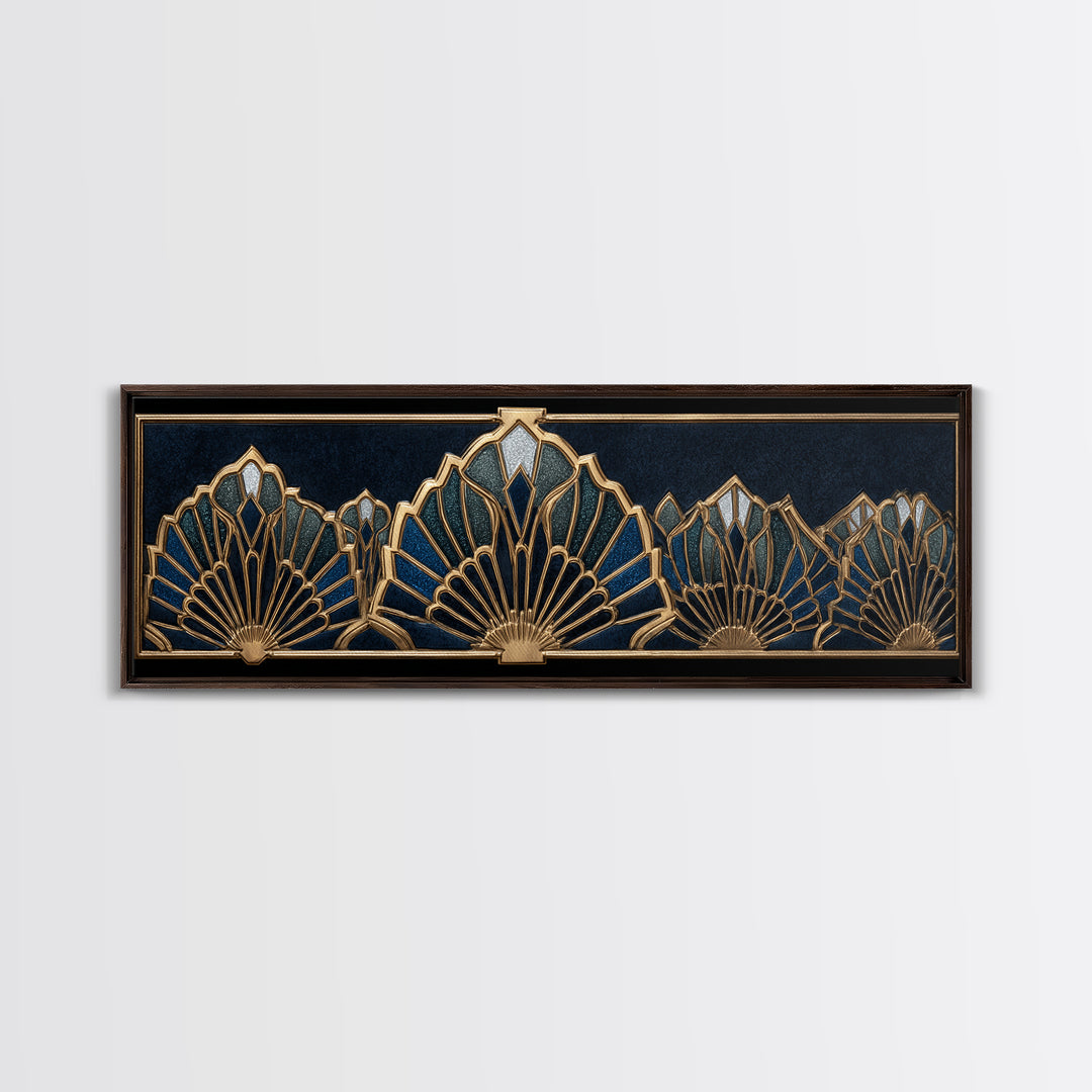Art Deco Gold Fan Pattern Framed Canvas Print, Wall Art, Digital Print, Living Room Decor, Fine Art, Luxury Decor, WAL-3x1-12