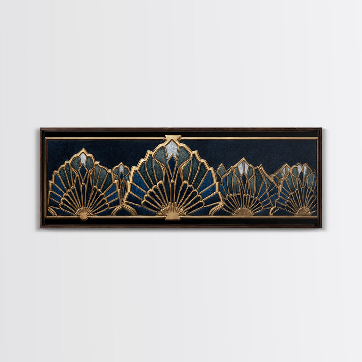 Art Deco Gold Fan Pattern Framed Canvas Print, Wall Art, Digital Print, Living Room Decor, Fine Art, Luxury Decor, WAL-3x1-12
