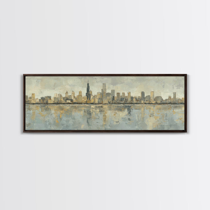 Urban Skyline in Muted Evening Color Framed Canvas Print, Wall Art, Art Deco, Living Room Decor, Fine Art, Abstract Wall Art, WAL-3x1-58