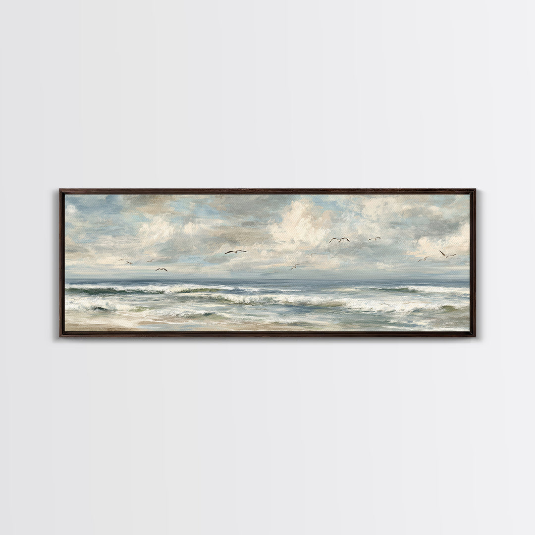Classic Seascape with Dramatic Clouds Framed Canvas Print, Wall Art, Mid Century Modern, Living Room Decor, Abstract Art, WAL-3x1-67