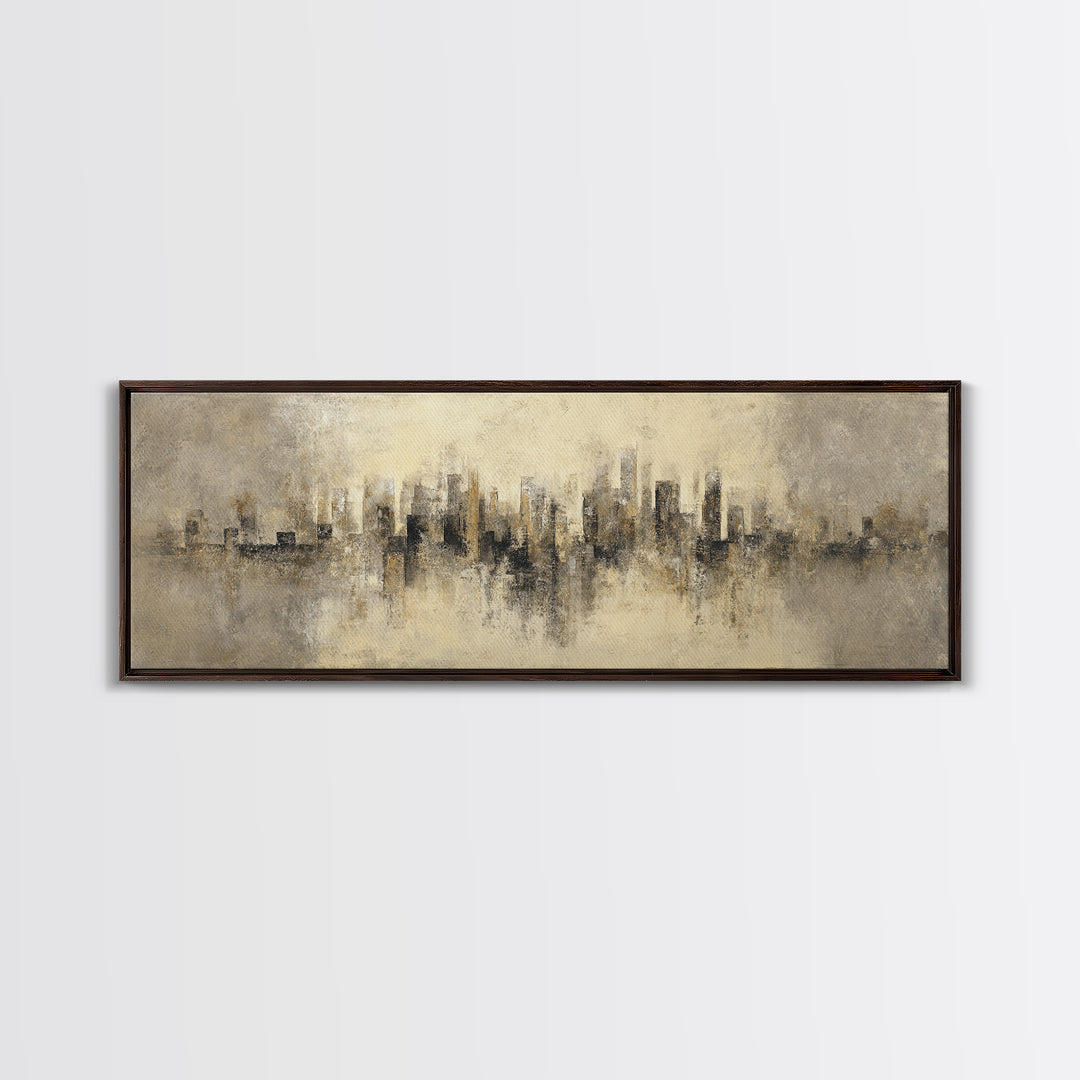 Urban Skyline in Muted Evening Color Framed Canvas Print, Wall Art, Art Deco, Living Room Decor, Fine Art, Abstract Wall Art, WAL-3x1-82