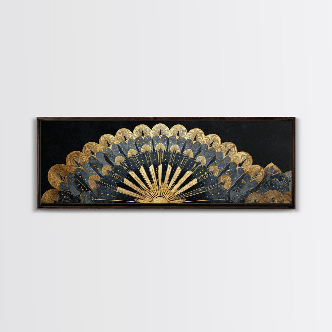 Art Deco Gold Fan Pattern Framed Canvas Print, Wall Art, Painting, Living Room Decor, Fine Art, Wall Hanging, WAL-3x1-84