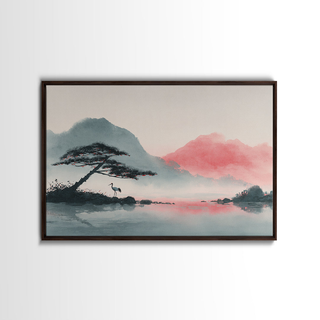 Monochrome Ink Crane Composition Framed Canvas Print, Wall Art, Living Room Decor, Oil Painting, Metal Wall Art, WAL-3x2-100