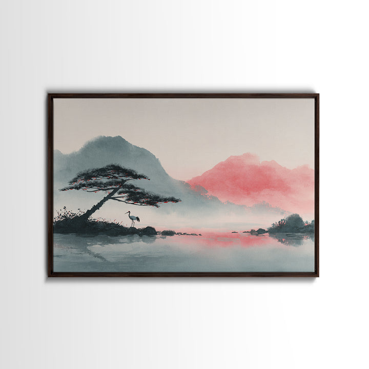 Monochrome Ink Crane Composition Framed Canvas Print, Wall Art, Living Room Decor, Oil Painting, Metal Wall Art, WAL-3x2-100