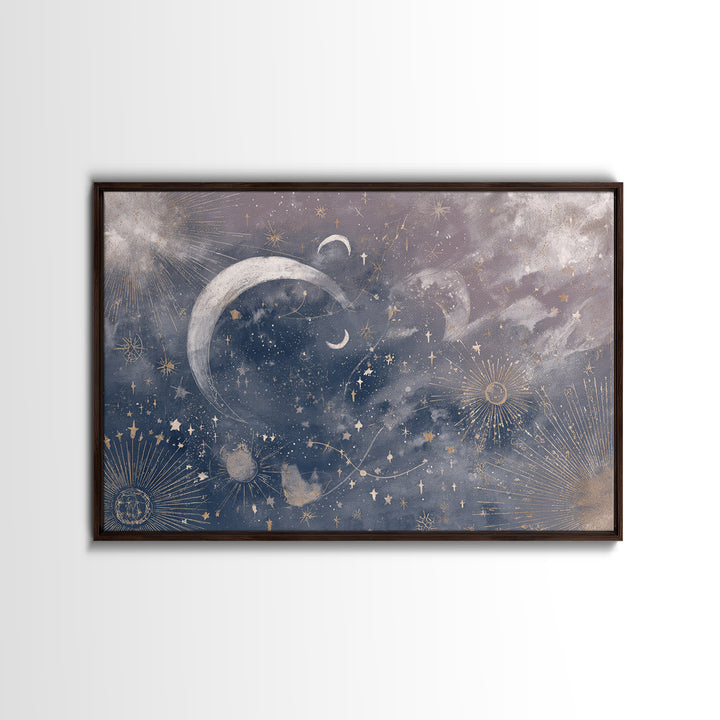 Celestial Moon and Stars Artwork Framed Canvas Print, Wall Art, Digital Wall Art, Living Room Decor, Fine Art, WAL-3x2-18