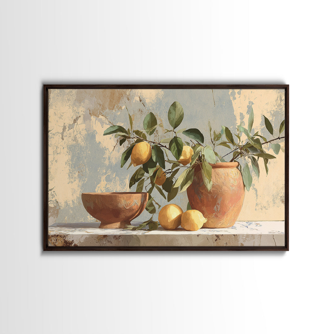 Mediterranean Lemon Branch Still Life Framed Canvas Print, Wall Art, Canvas, Living Room Decor, Watercolor Art, WAL-3x2-2