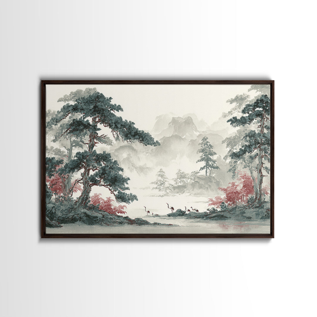 Monochrome Ink Crane Composition Framed Canvas Print, Wall Art, Original Art, Living Room Decor, Fine Art, Modern Decor, WAL-3x2-28