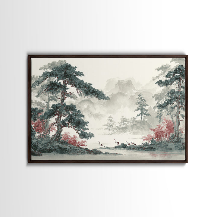 Monochrome Ink Crane Composition Framed Canvas Print, Wall Art, Original Art, Living Room Decor, Fine Art, Modern Decor, WAL-3x2-28