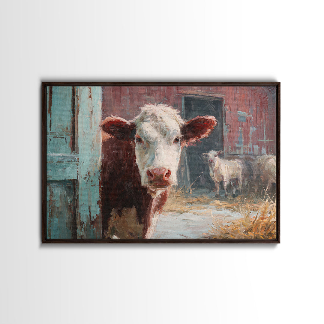 Rustic Farmhouse Cow Portrait Framed Canvas Print, Wall Art, Heart, Living Room Decor, Fine Art, Home Decor Gift, WAL-3x2-47