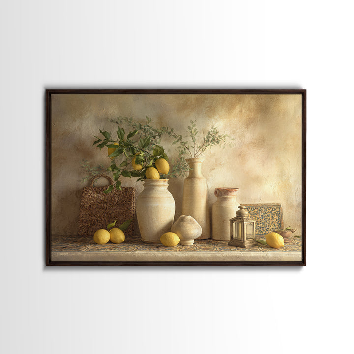 Mediterranean Lemon Branch Still Life Framed Canvas Print, Wall Art, Framed Wall Art, Living Room Decor, Fine Art, WAL-3x2-74
