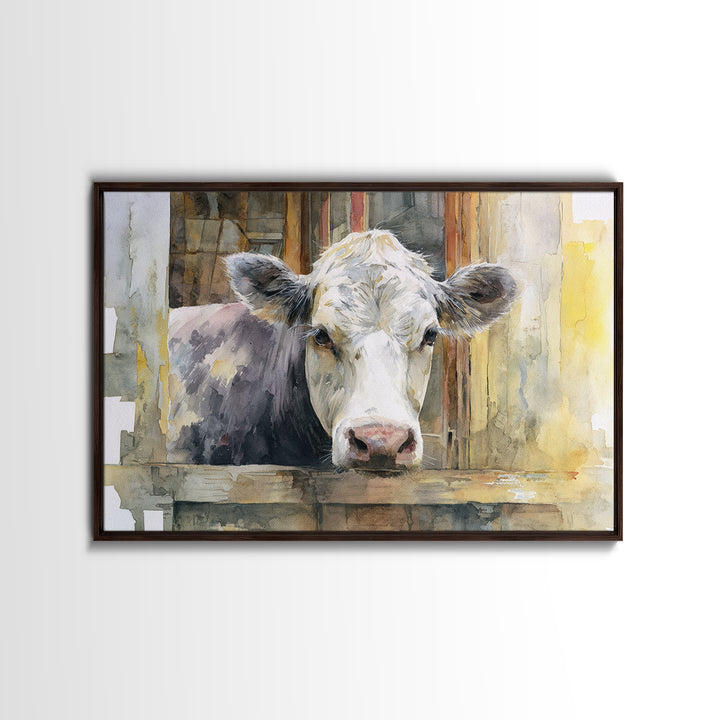 Rustic Farmhouse Cow Portrait Framed Canvas Print, Wall Art, Canvas, Living Room Decor, Oil Painting, Canvas Wall Art, WAL-3x2-95