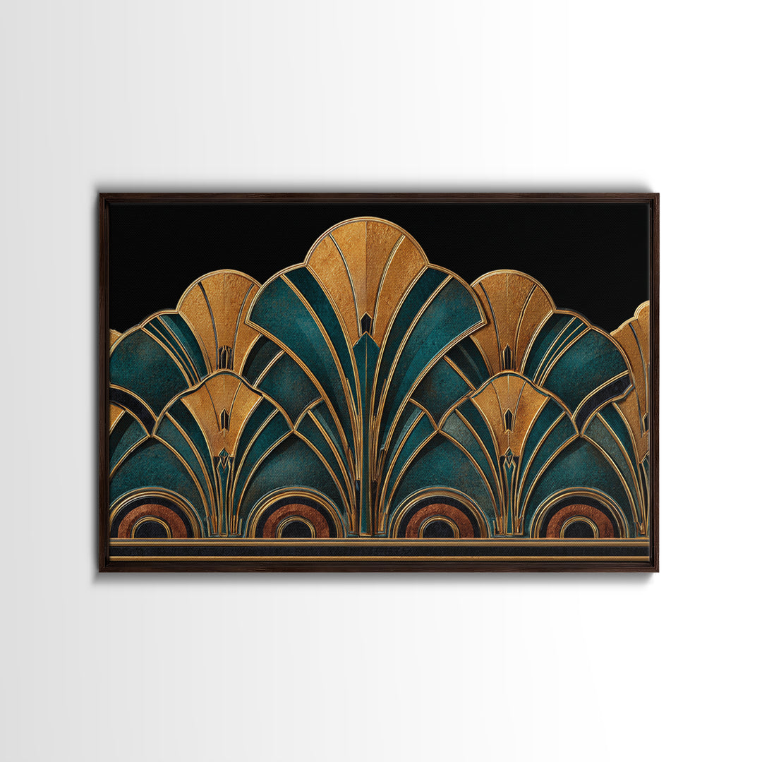 Art Deco Gold Fan Pattern Framed Canvas Print, Wall Art, Painting, Living Room Decor, Fine Art, Wall Hanging, WAL-3x2-96