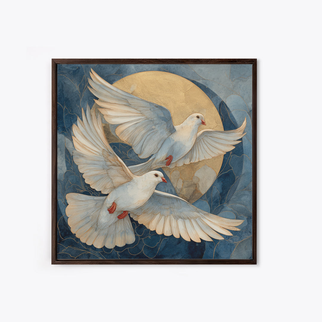 Doves Flying Through Soft Golden Light Framed Canvas Print, Wedding Art, Printable Art, Living Room Decor, Fine Art, Romance, WED-1x1-11