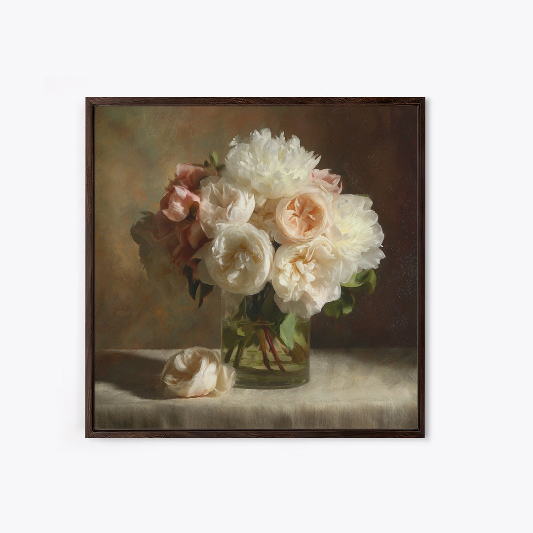 Romantic Bouquet of White Roses and Peonies Canvas Print, Wedding Art, Wedding Painting, Living Room Decor, Fine Art, Romance, WED-1x1-25