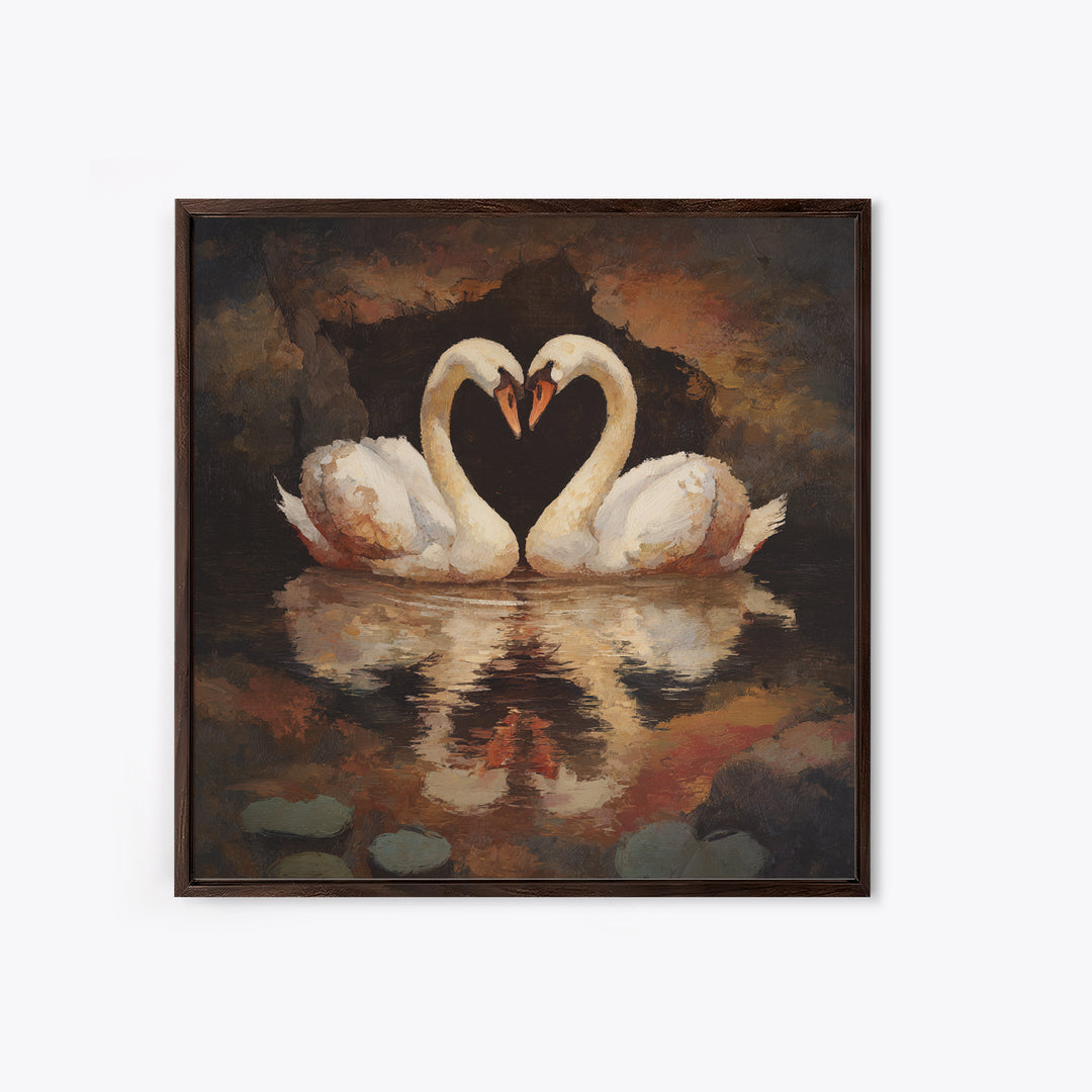 Two Swans Forming a Heart on Dark Canvas Print, Wedding Art, Unique Wedding Gift, Living Room Decor, Fine Art, Romance, WED-1x1-26