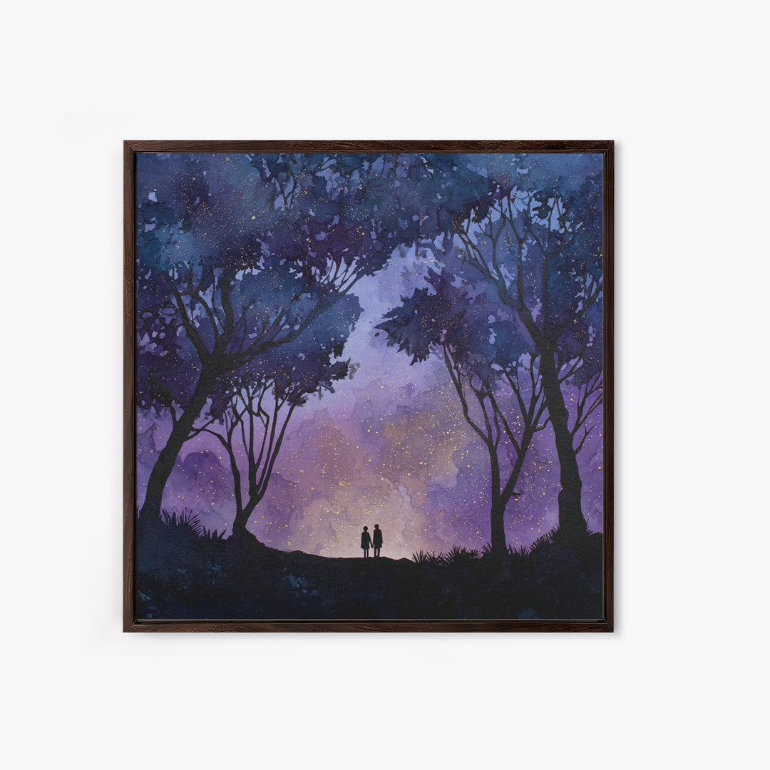 Couple Silhouette Beneath Moonlit Trees Framed Canvas Print, Wedding Art, Personalized Wedding, Living Room Decor, Romance, WED-1x1-29