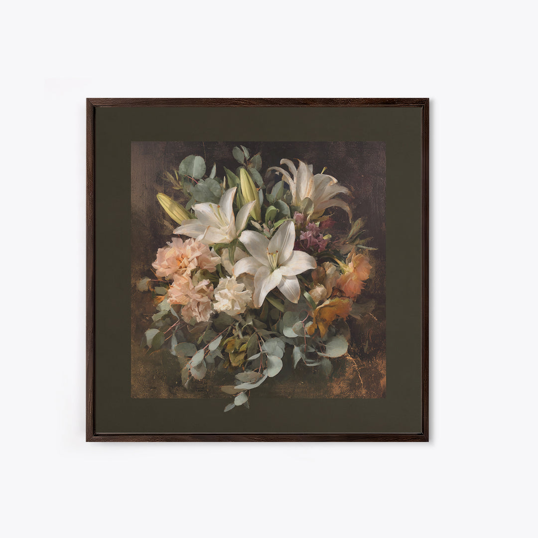 White Lilies and Eucalyptus Arrangement Framed Canvas Print, Wedding Art, Wedding Poster, Living Room Decor, Abstract Art, WED-1x1-33