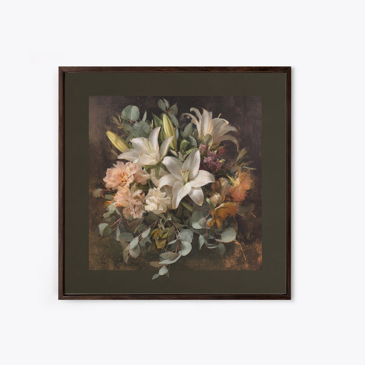 White Lilies and Eucalyptus Arrangement Framed Canvas Print, Wedding Art, Wedding Poster, Living Room Decor, Abstract Art, WED-1x1-33