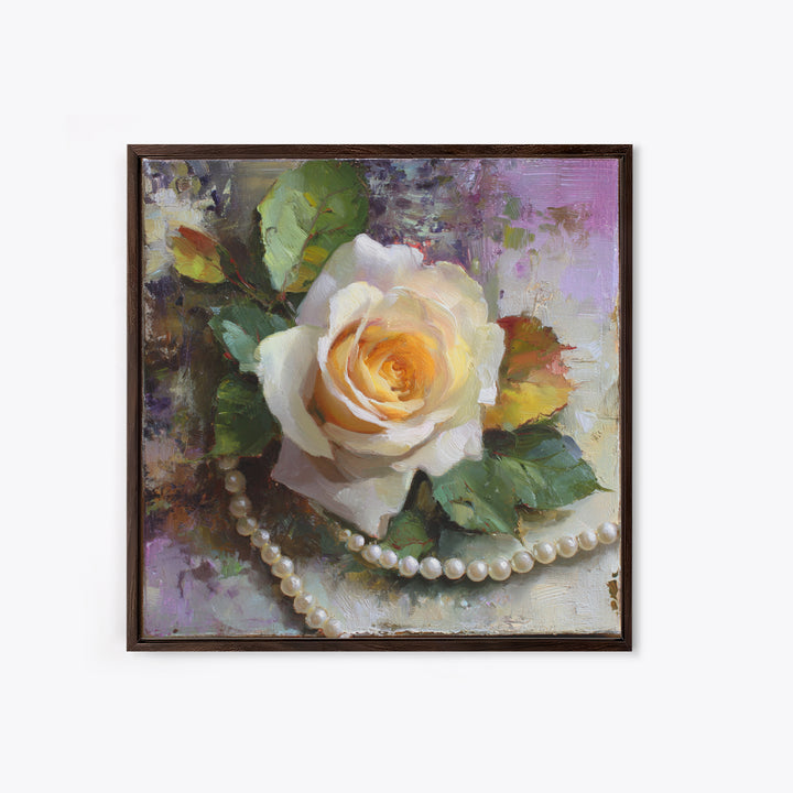 Pearl Necklace and Rose Still Life Canvas Print, Wedding Art, Framed Art, Living Room Decor, Watercolor Art, Romance, WED-1x1-36