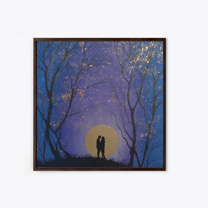 Couple Silhouette Beneath Moonlit Trees Framed Canvas Print, Wedding Art, Personalized Wedding, Living Room Decor, Romance, WED-1x1-53